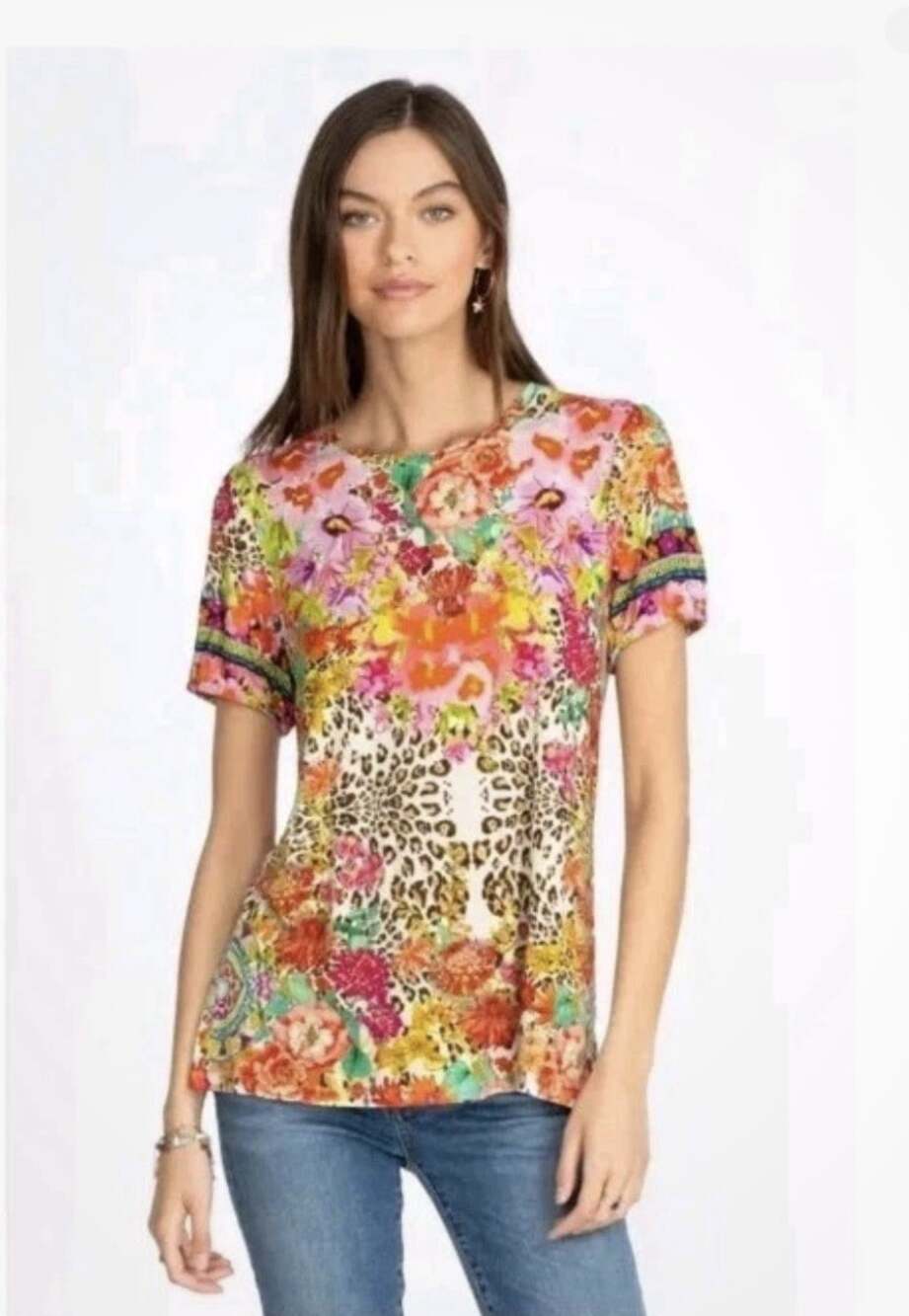 Johnny Was Wild Garden Top Puff Floral Knit Tee Shirt Pink Red Leopard Size XXL